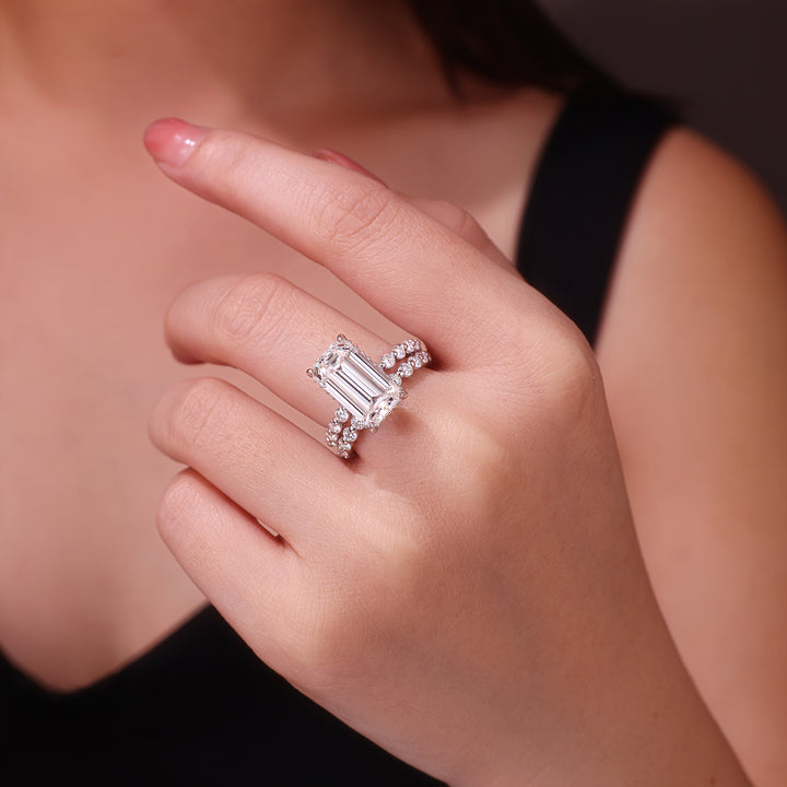 💍 Octagonal Moissanite Double Ring Set – Platinum-Plated S925 Silver (8×14 mm) 💍