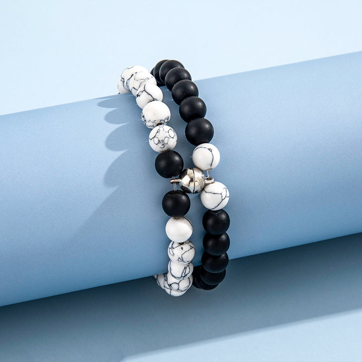 Black & White Frosted Stone Magnetic Bracelet – Minimalist Elastic Design