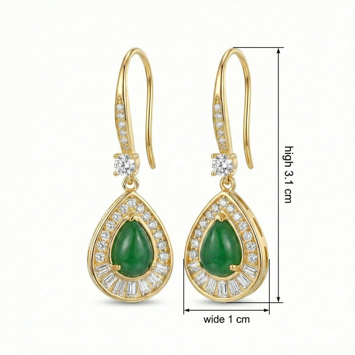 ✨ 925 Sterling Silver Elegant Green Jadeite Teardrop Earrings with Diamond & Baguette Accents ✨