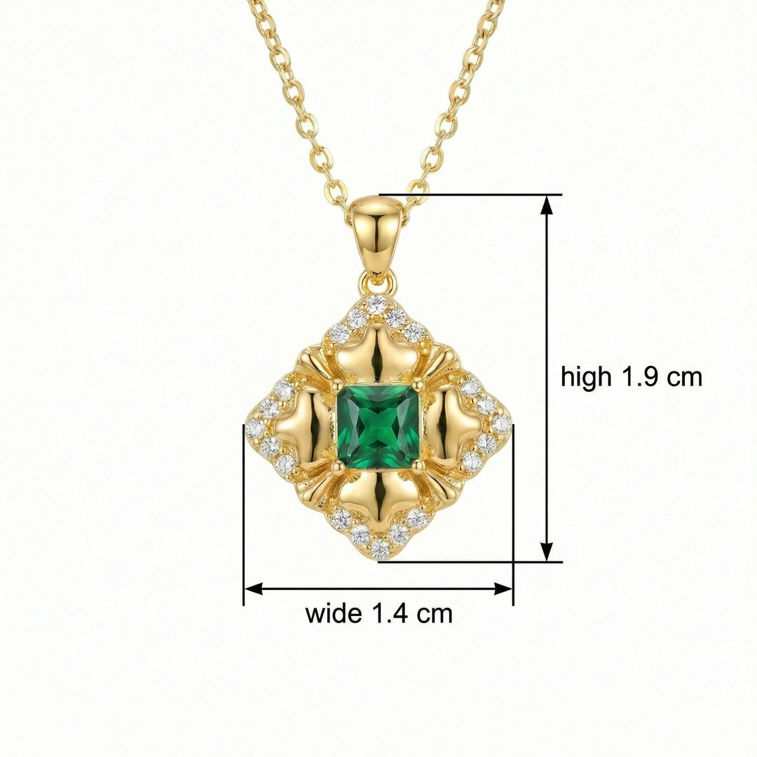 925 Sterling Silver Green Square Gemstone Pendant Necklace with Crystal Halo Accents – Vintage-Inspired