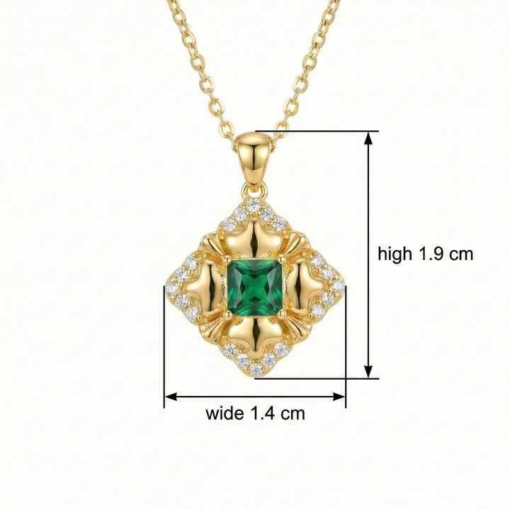 925 Sterling Silver Green Square Gemstone Pendant Necklace with Crystal Halo Accents – Vintage-Inspired