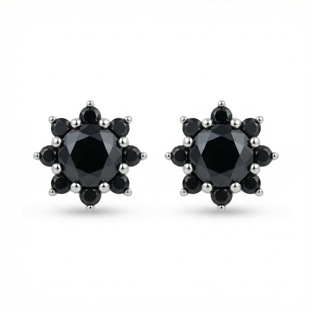 ✨ 925 Sterling Silver Black Diamond Floral Cluster Stud Earrings ✨