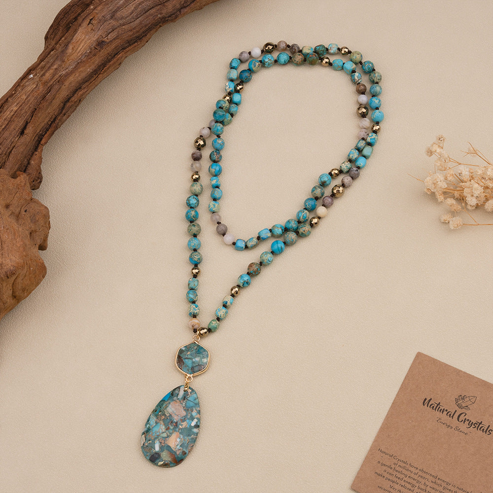 Bohemian Natural Stone Blue Teardrop Knotted Necklace – Handmade Turquoise Jewelry