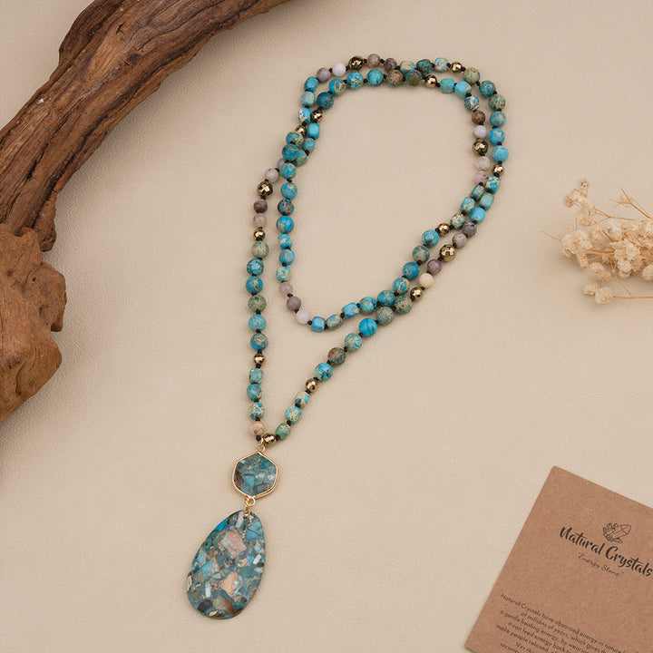 Bohemian Natural Stone Blue Teardrop Knotted Necklace – Handmade Turquoise Jewelry