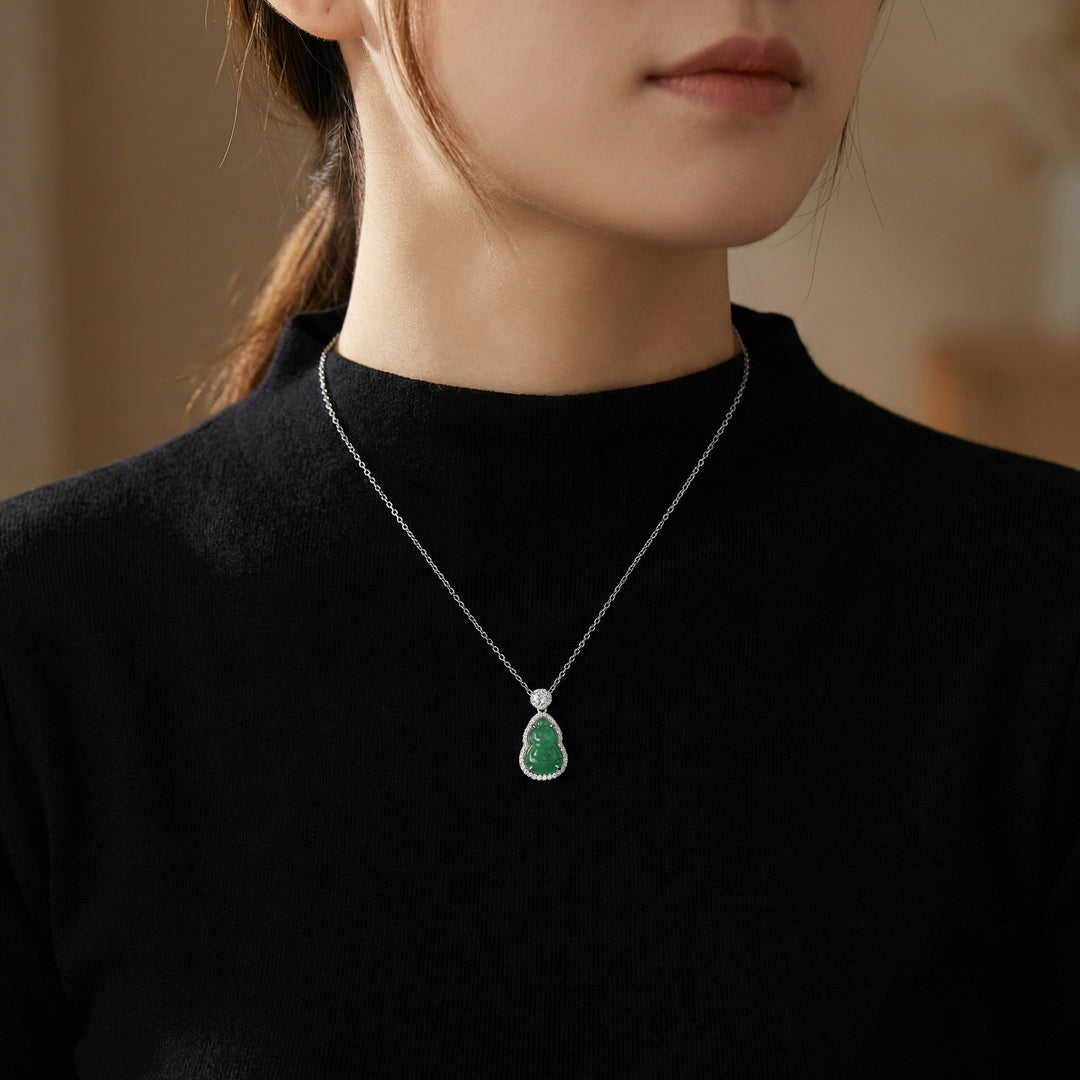 925 Sterling Silver Green Jadeite Gourd Pendant Necklace – Diamond Halo & Floral Accents