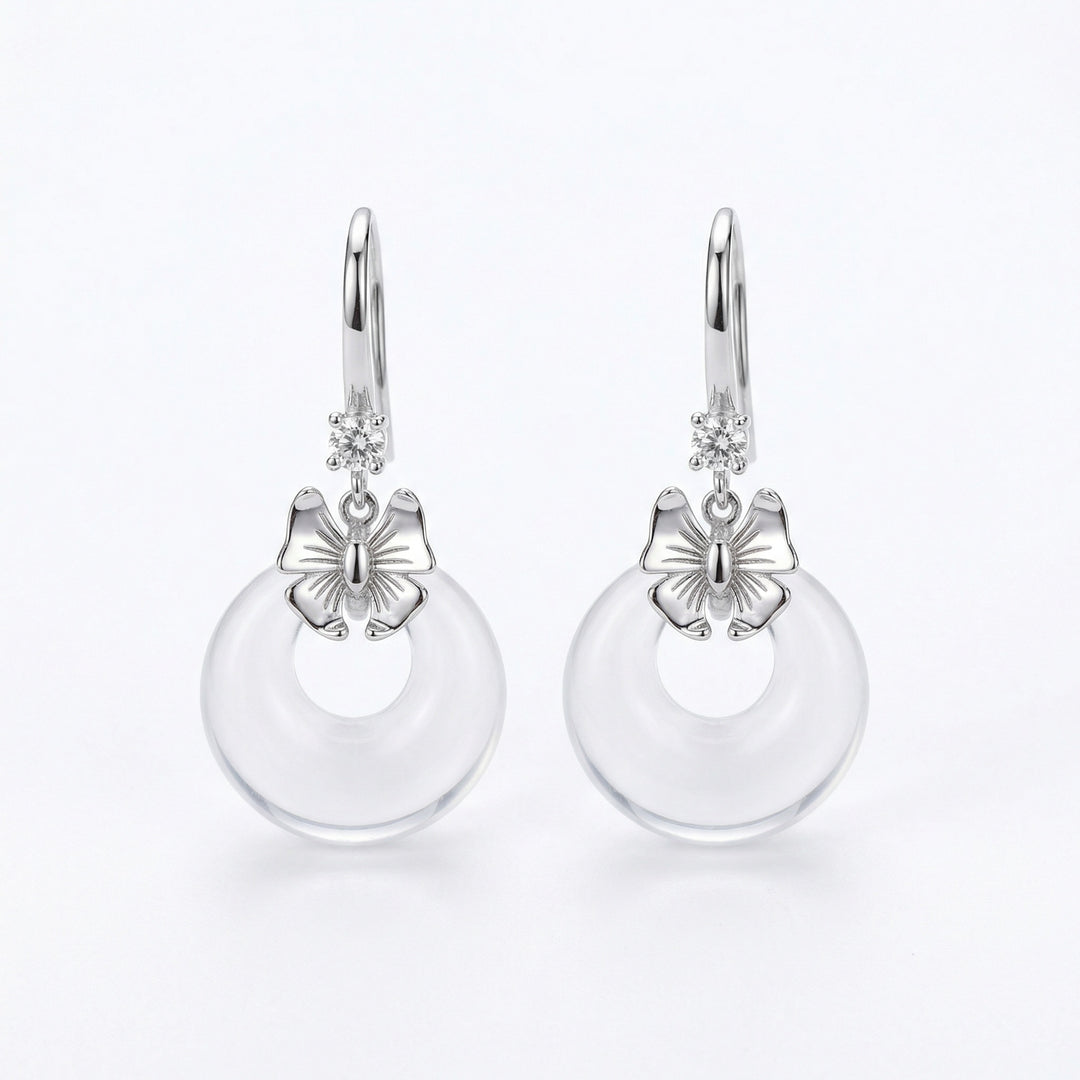 925 Sterling Silver Elegant Bow Earrings with Clear Crystal Ring Pendants