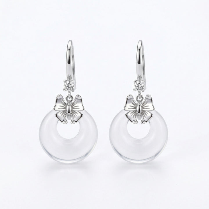 925 Sterling Silver Elegant Bow Earrings with Clear Crystal Ring Pendants