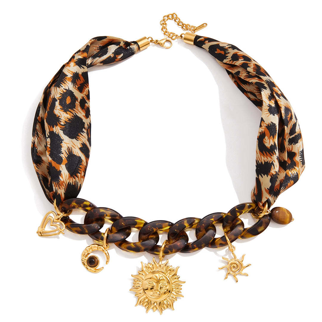 Women’s Stainless Steel Lace-Up Silk Scarf Necklace – Geometric Leopard Print Pendant