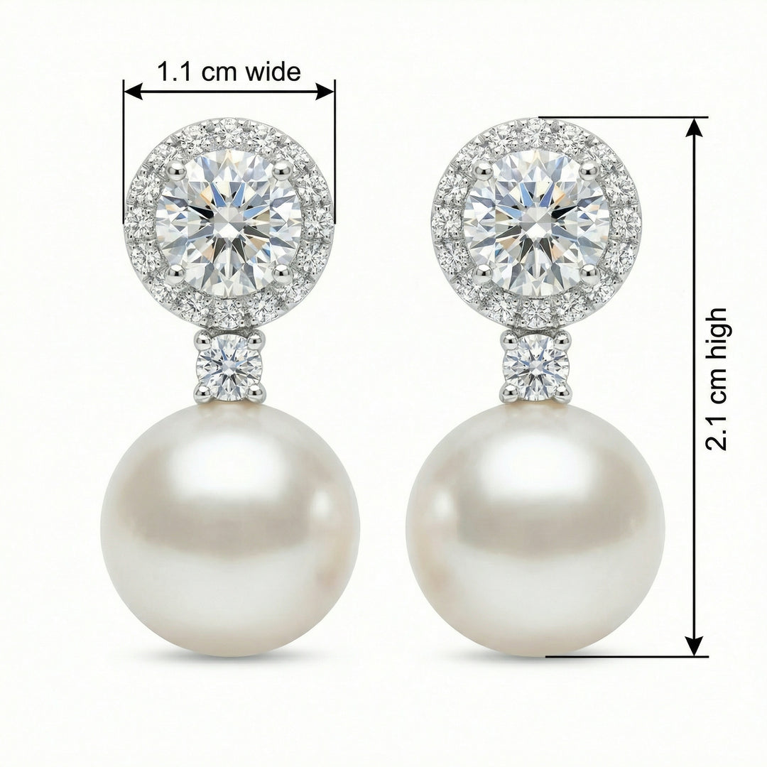 925 Sterling Silver Round Diamond Halo and White Pearl Drop Earrings