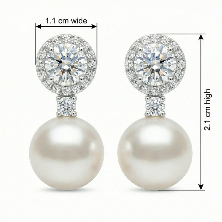 925 Sterling Silver Round Diamond Halo and White Pearl Drop Earrings