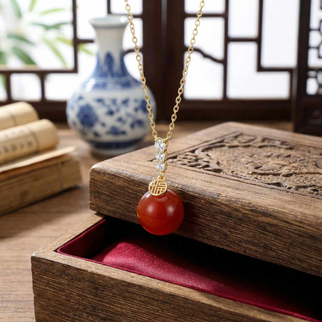 ✨ 925 Sterling Silver Radiant Red Agate Necklace with Fu Blessing Charm & Sparkling Accents ✨