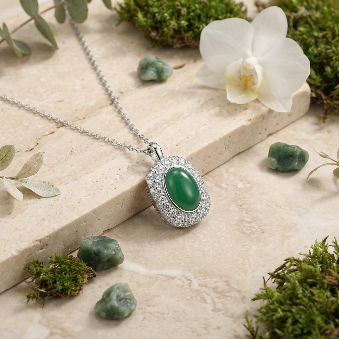 925 Sterling Silver Elegant Oval Green Gemstone Halo Pendant Necklace