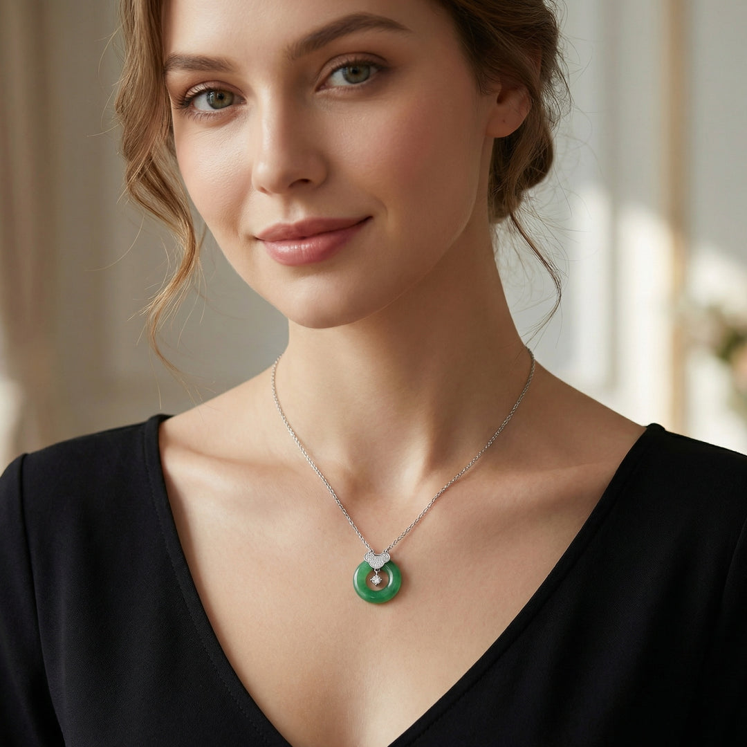 925 Sterling Silver Elegant Green Jade Donut Pendant Necklace with Sparkling Crystal Accents