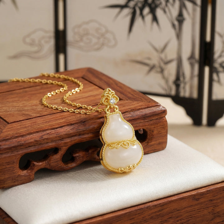 925 Sterling Silver Elegant White Gourd Pendant Necklace with Sparkling Crystal Accent