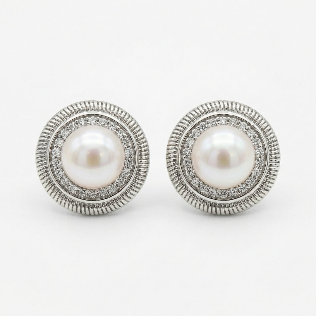 ✨ 925 Sterling Silver Pearl & Diamond Halo Stud Earrings with Ribbed Frame ✨