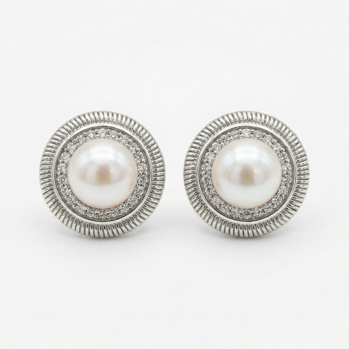 ✨ 925 Sterling Silver Pearl & Diamond Halo Stud Earrings with Ribbed Frame ✨