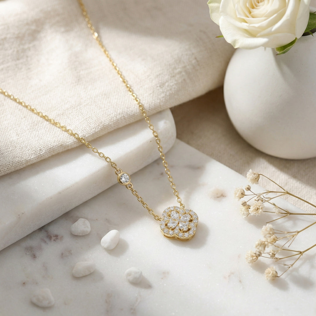 💎 Diamond Floral Pendant Necklace with Station Accent