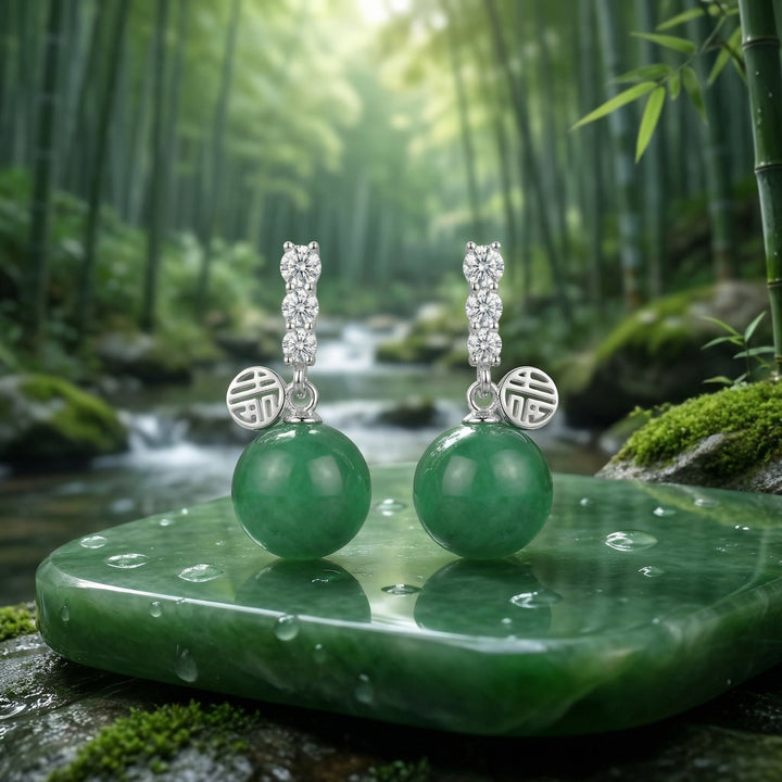 ✨ 925 Sterling Silver Green Jade Sphere Drop Earrings with Fortune Charm Accents ✨