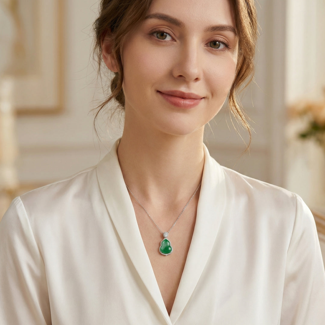 925 Sterling Silver Green Jadeite Hulu Pendant Necklace – Elegant Gemstone Halo Design