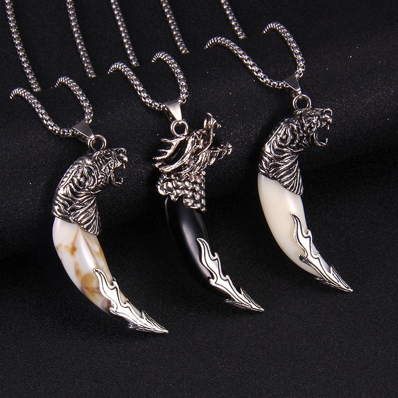Bold Wolf Tooth & Dragon Head Necklace – Stainless Steel Pendant Jewelry