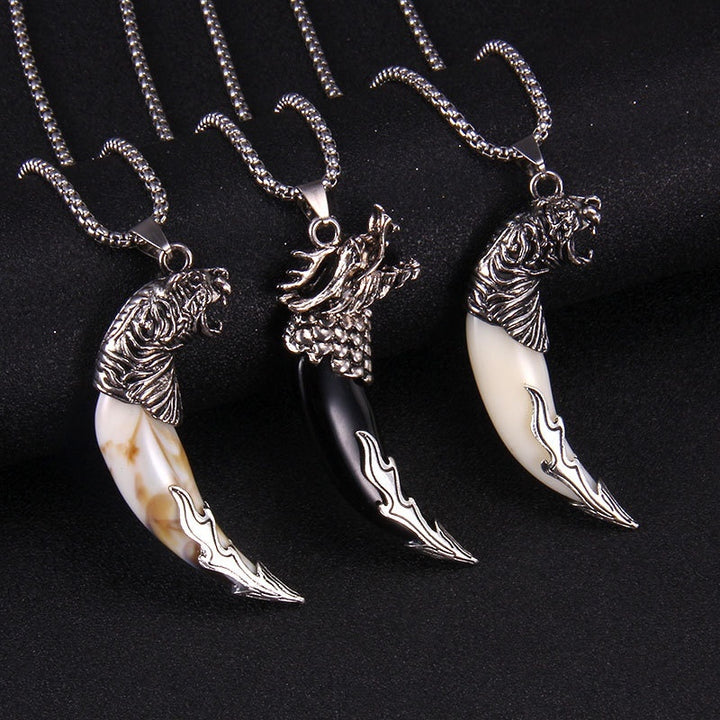 Bold Wolf Tooth & Dragon Head Necklace – Stainless Steel Pendant Jewelry