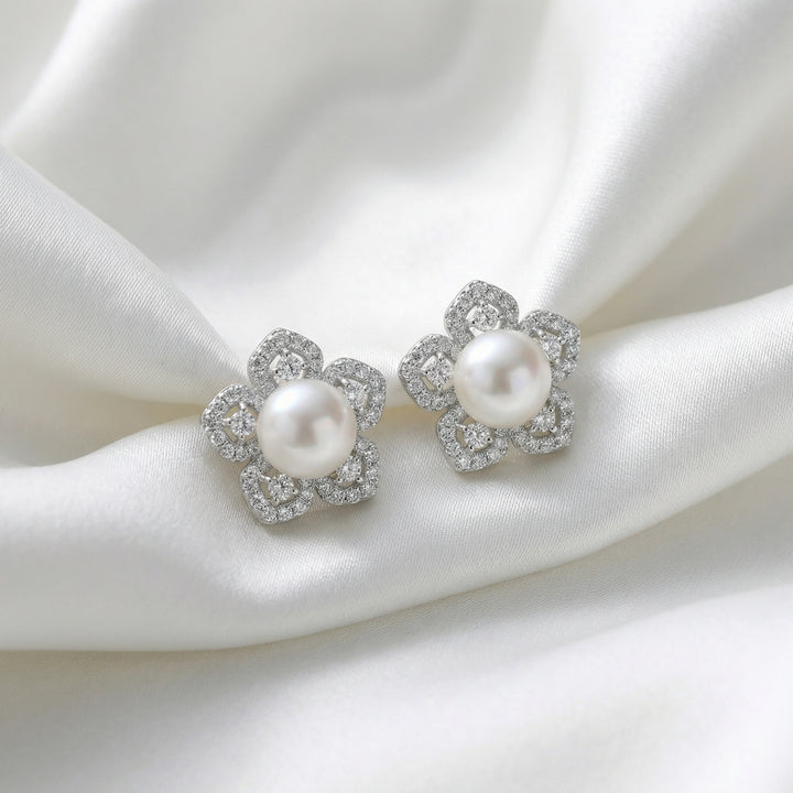 ✨ 925 Sterling Silver Floral White Pearl & Diamond Petal Stud Earrings ✨