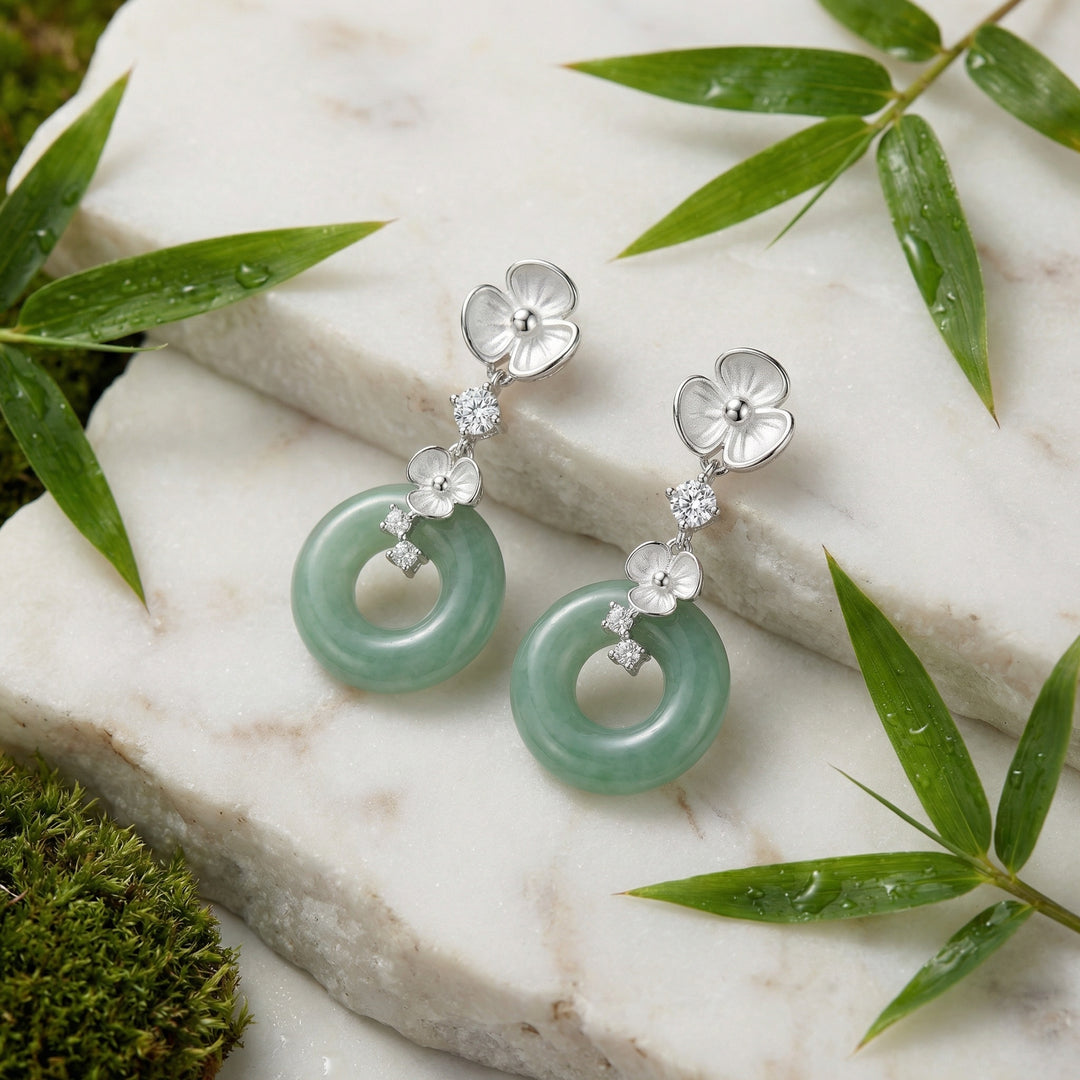 925 Sterling Silver Green Jade Floral Drop Earrings with Diamond Accents
