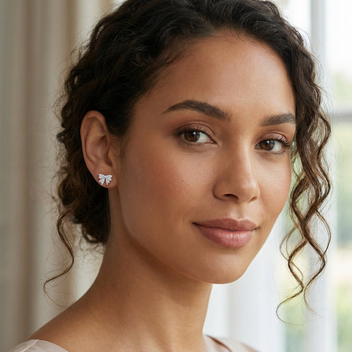 ✨ 925 Sterling Silver Pavé Diamond Ribbon Bow Stud Earrings – Elegant Sparkle Design ✨