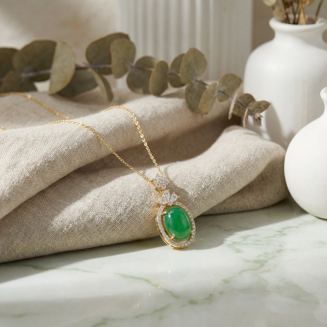 💚 Green Jadeite Oval Pendant Necklace