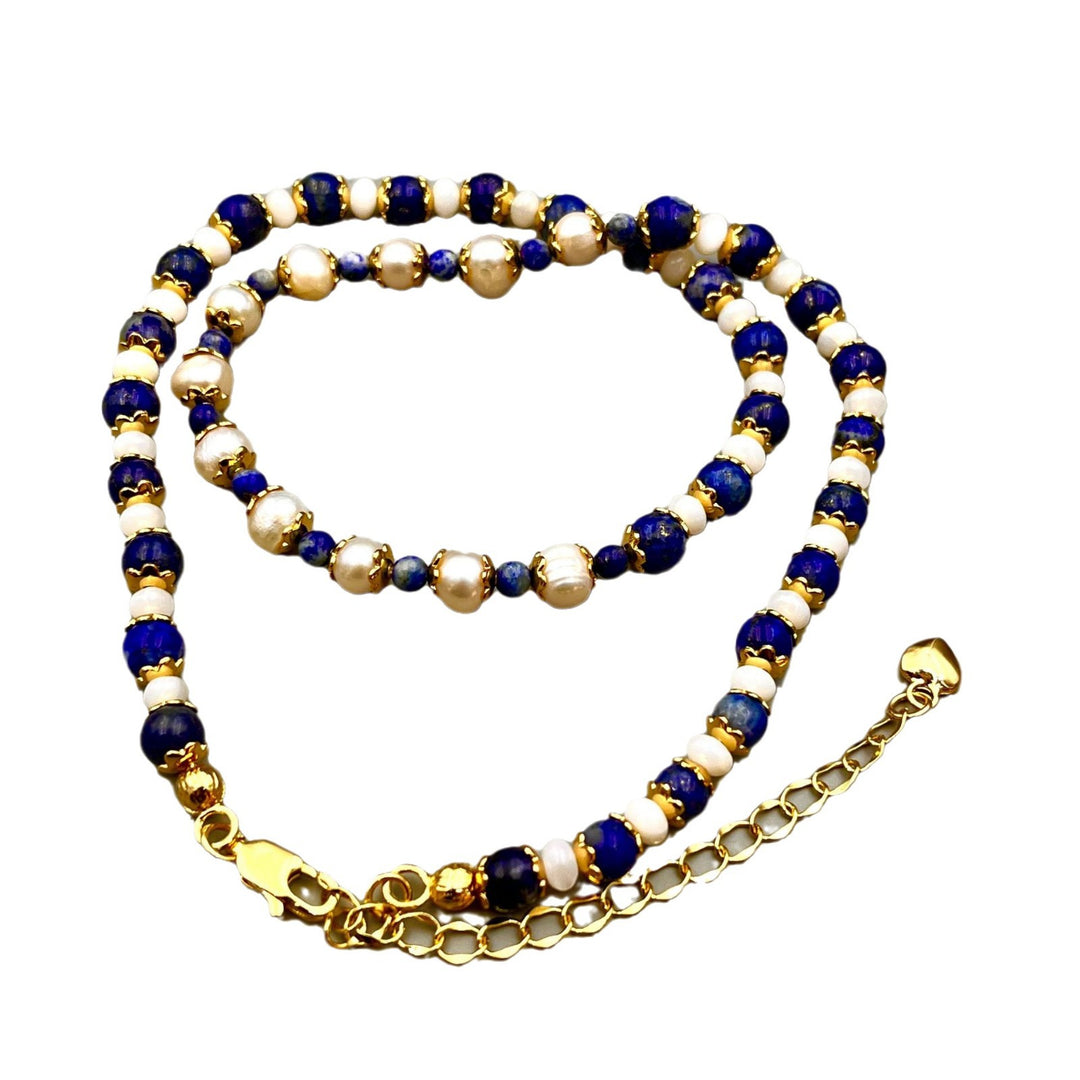 Retro Lapis Stone & Pearl Necklace for Women – Elegant Vintage Fashion Jewelry