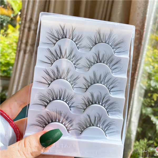 👁️✨ Curled Messy Cross Fairy Lashes – 5 Pairs Wispy Mixed Volume False Eyelashes with Glue