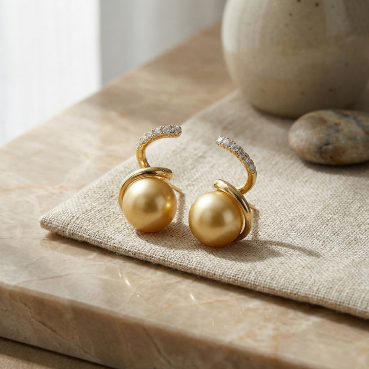 ✨ 925 Sterling Silver South Sea Pearl & Diamond Spiral Drop Earrings ✨
