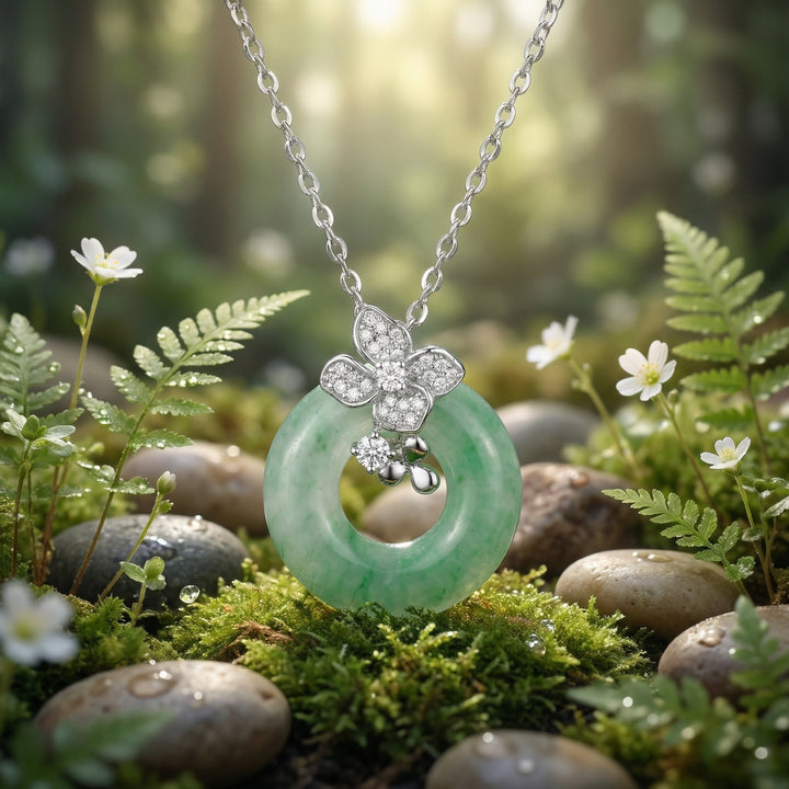 925 Sterling Silver Green Jade Donut (Bi Disc) Pendant Necklace with Floral Crystal Accent