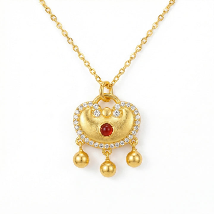 925 Sterling Silver Ruyi Lock Necklace – Red Stone Pendant with Bell Charms