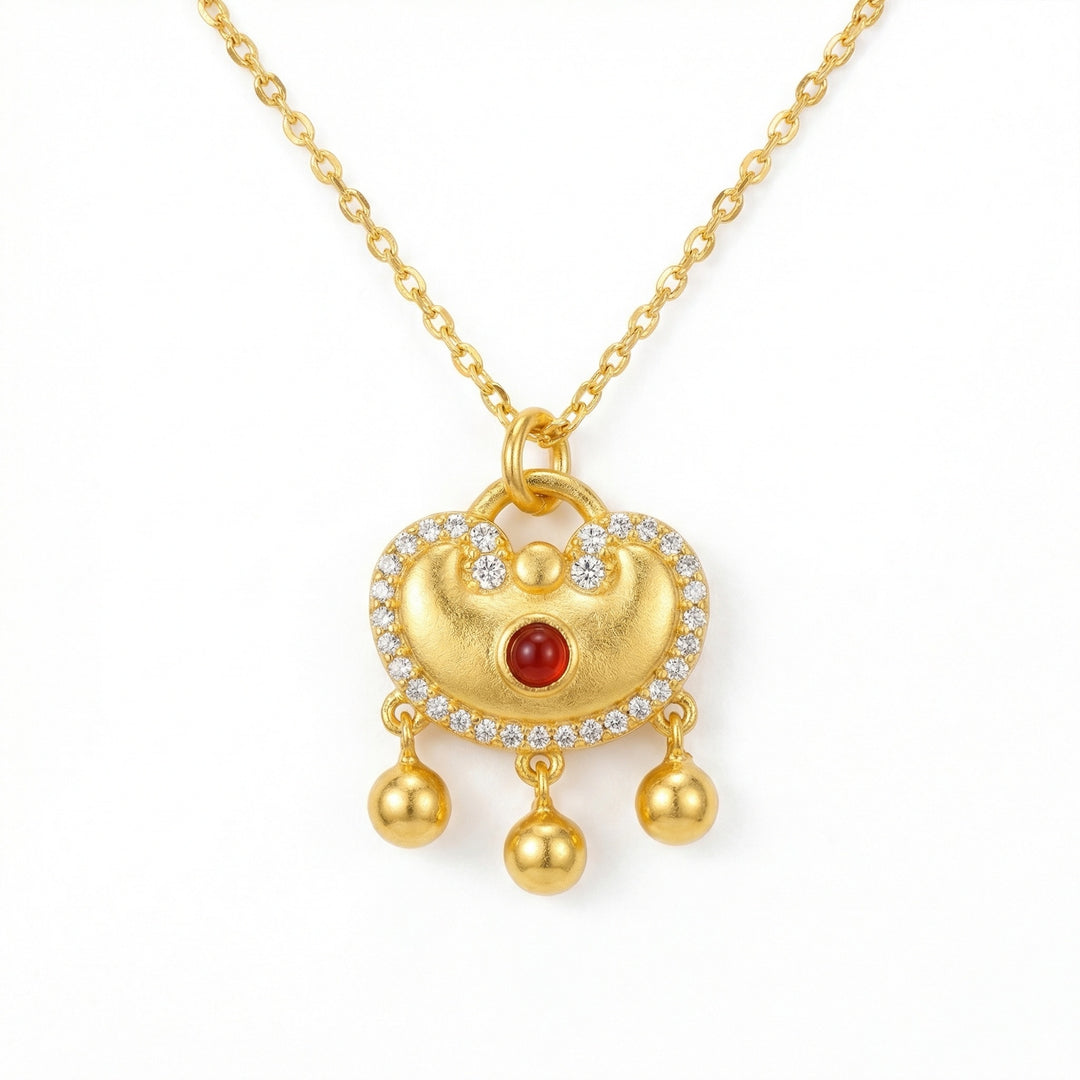 925 Sterling Silver Ruyi Lock Necklace – Red Stone Pendant with Bell Charms