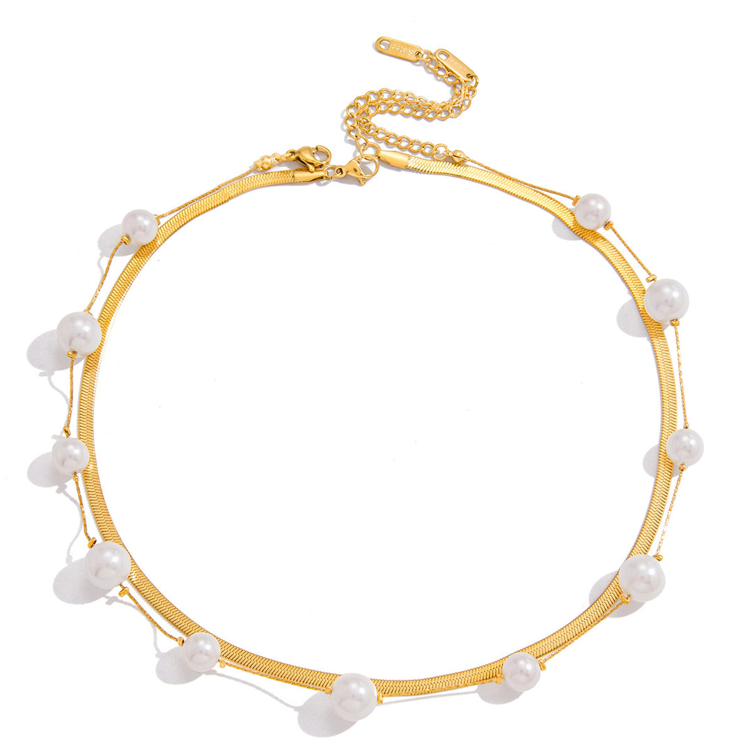 Elegant 18K Gold Stainless Steel Glass Pearl Necklace – Geometric Casual Jewelry for Women