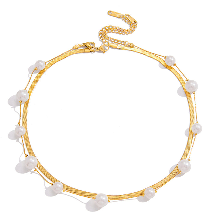 Elegant 18K Gold Stainless Steel Glass Pearl Necklace – Geometric Casual Jewelry for Women
