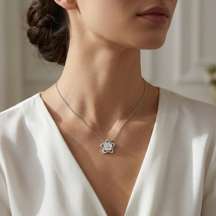 925 Sterling Silver Mother-of-Pearl Sakura Flower Necklace with Diamond Star Frame Pendant