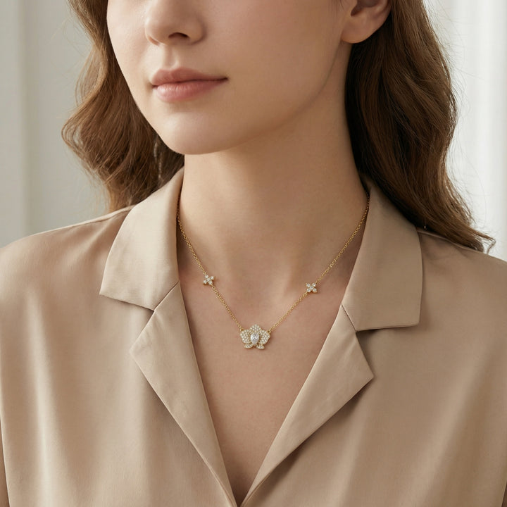✨ 925 Sterling Silver Pavé Diamond Orchid Necklace