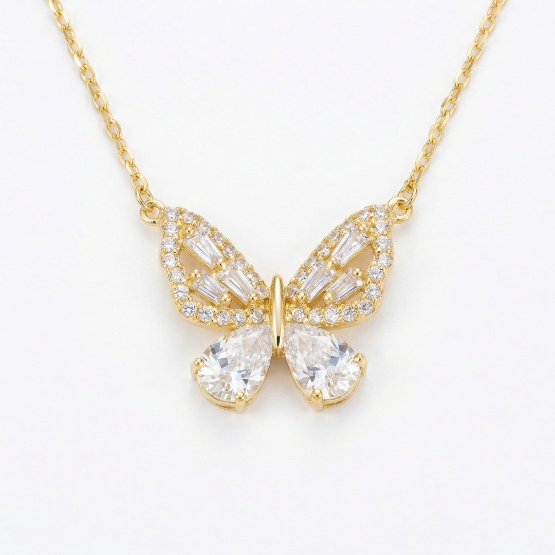 925 Sterling Silver Butterfly Pendant Necklace with Pear & Baguette-Cut Crystal Stones