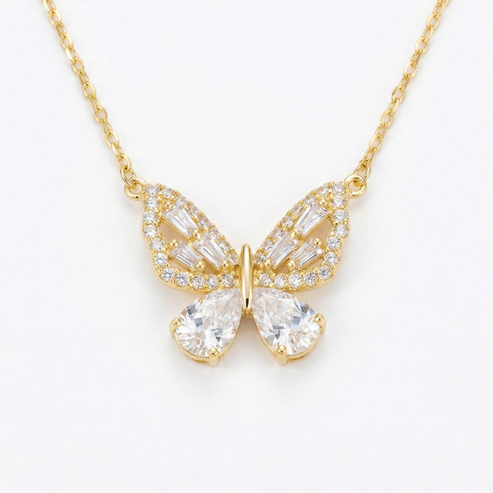 925 Sterling Silver Butterfly Pendant Necklace with Pear & Baguette-Cut Crystal Stones