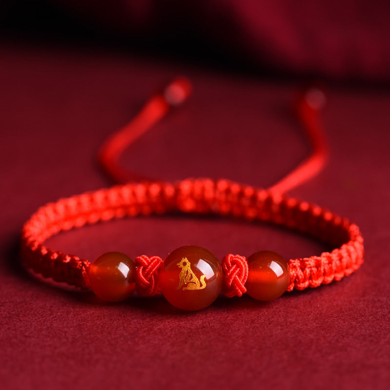 Zodiac Red Rope Bracelet – Natural Red Agate, Handwoven Charm