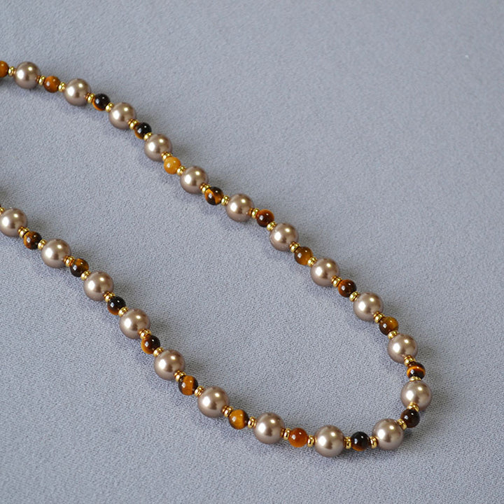 Women’s Retro Tiger’s Eye Beaded Necklace – Brown & Coffee Vintage Pearl Chain