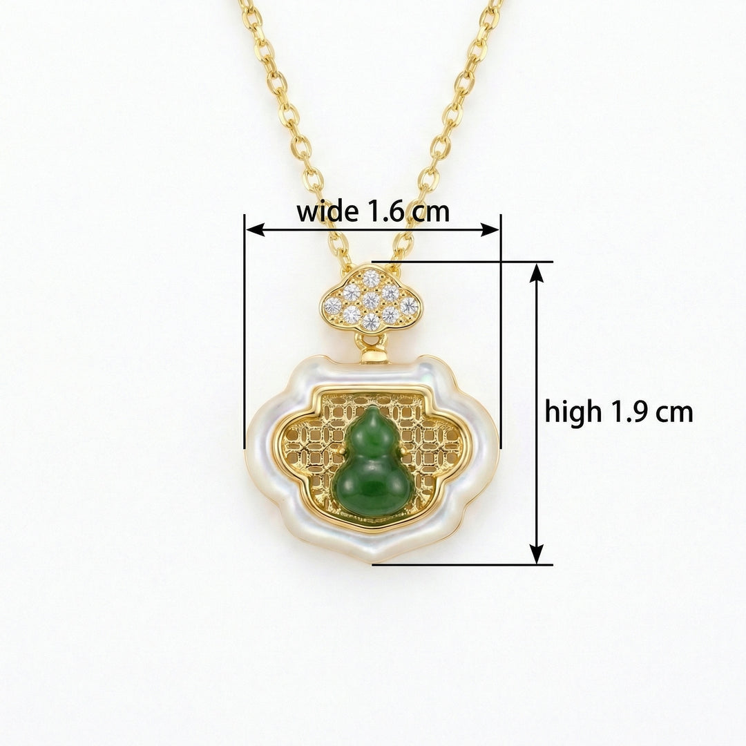 925 Sterling Silver Elegant Nephrite Jade Gourd Pendant with Diamond Cloud and Mother-of-Pearl