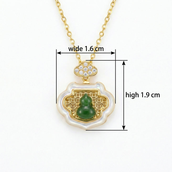 925 Sterling Silver Elegant Nephrite Jade Gourd Pendant with Diamond Cloud and Mother-of-Pearl