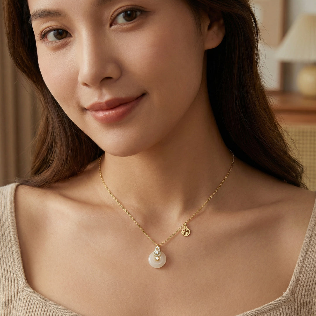 925 Sterling Silver White Stone Gourd Necklace – Auspicious Pendant with Fortune Coin Detail