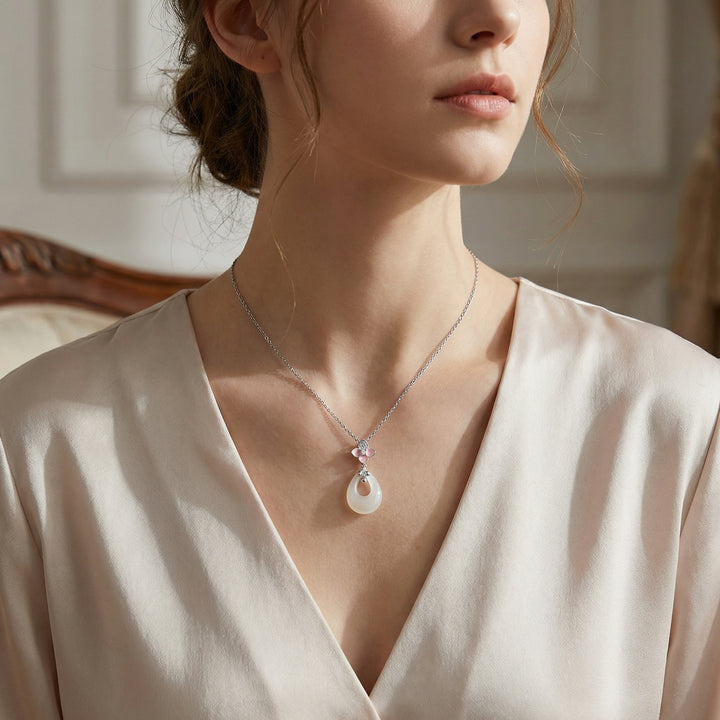 925 Sterling Silver Elegant Cherry Blossom and White Teardrop Stone Pendant Necklace