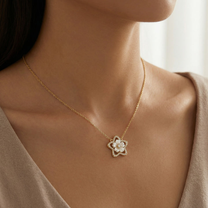 925 Sterling Silver Star-Shaped Floral Pendant Necklace with Mother of Pearl and Sparkling Accents