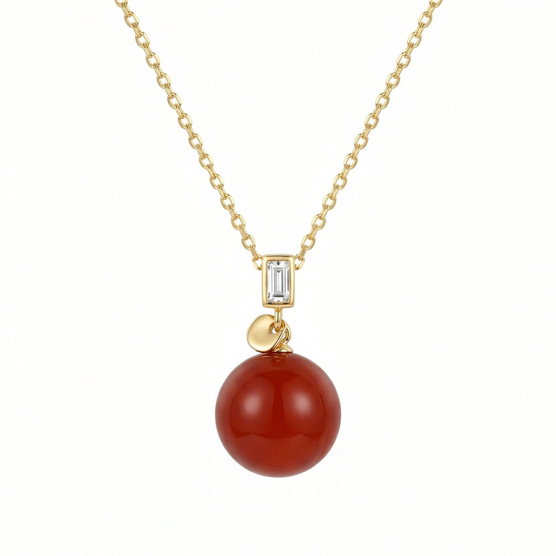 925 Sterling Silver Vibrant Red Gemstone Orb Necklace with Elegant Baguette Cut Accent