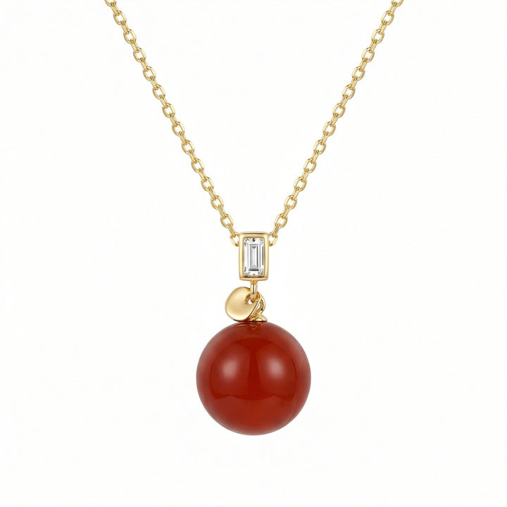 925 Sterling Silver Vibrant Red Gemstone Orb Necklace with Elegant Baguette Cut Accent